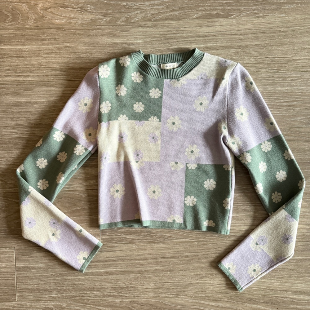 Debut Floral Patchwork Sweater Floral Green Purple Cream Womens size Small NWOT